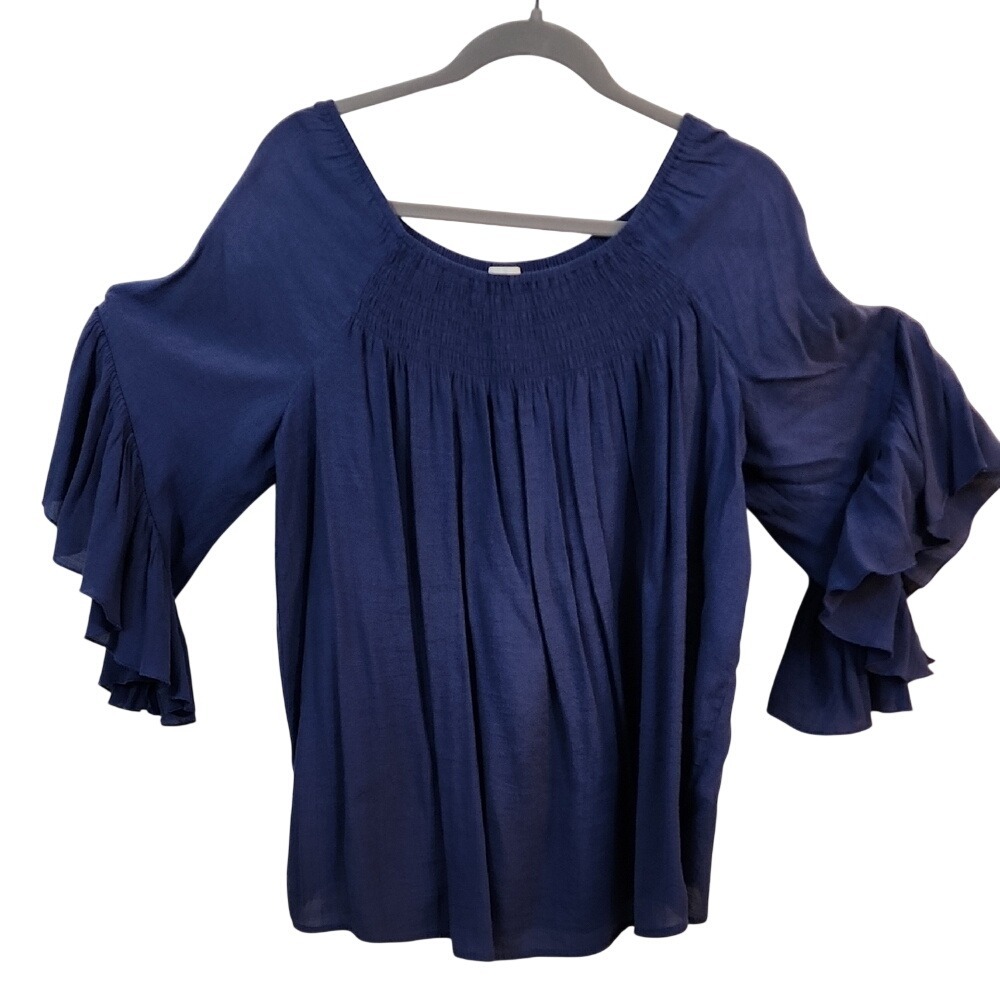 Chico's Deep Blue Smocked Ruffle Sleeve Blouse Chico's 2 (12)